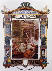 ペトローネ（Petronio Arbitro）（ペトロニウス・アルビター）の作品の正面図。サテリコン（satiricon）』。1902年のジョルジュ＝アントワーヌ・ロシュグロス（1859-1938）による挿絵。ミラネーゼ．