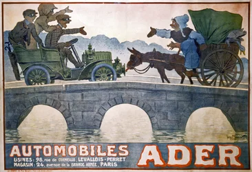 荷車と自動車の対立、1910年頃（ポスター）