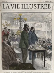 1899年12月にパリで開催された社会主義者団体の総会、ジャピー体育館にて - ジャン・ジャレス（1859-1914）とユージン・フルニエ（1857-1914） ジョルジュ・ルドンによるドローイング - La vie illustree de 1899