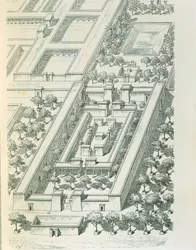 ジョルジュ・ペロ（1832-1914）とシャルル・チピエズ（1835-1901）によるテル・エル・マルナの建物の透視図を描いたエッチング。