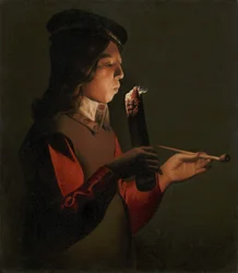 Un jeune garcon avec une pipe, souffle sur un brandon - ラ・トゥール、ジョルジュ、ド（1583-1652）の「パイプを持った若い少年が、火の粉を吹いている」。油彩・キャンバス