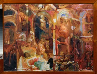 カフェ (カフェ) - ゲオルギ・ボグダノビッチ・ヤクロフ (1884-1928) の作品、紙に水彩と白、ロシア美術、20 世紀、未来派 - 地域美術館、カルーガ (ロシア)