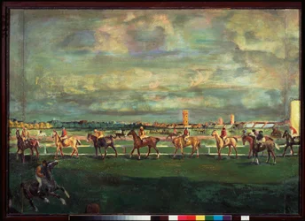 競馬 (競馬) - Georgi Bogdanovich Yakulov (1884-1928) による絵画、木に油彩