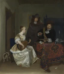 Theorboを2人の男性に演奏する女性、1668年頃