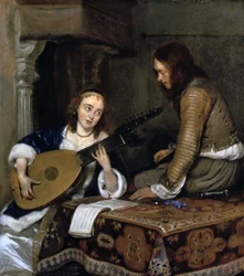 「テオルボリュートを弾く女性と騎士」、c1658