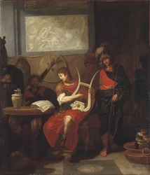 パトロクロスの前で竪琴を弾くアキレス - Lairesse, Gerard, de (1640-1711) による「パトロクロスの前で竪琴を弾くアキレス」。油彩・キャンバス