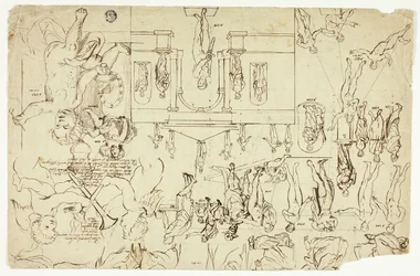 彫像と絵画の図版に基づく模写（レクト）；男性の骨格の寸法（裏面）
