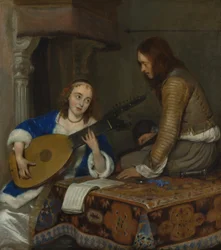テオルボリュートとキャバリアを演奏する女性、1658年頃