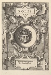 ストラップワークに囲まれたソルの胸像、一連の画像「Deorum dealumque」から、1573 年