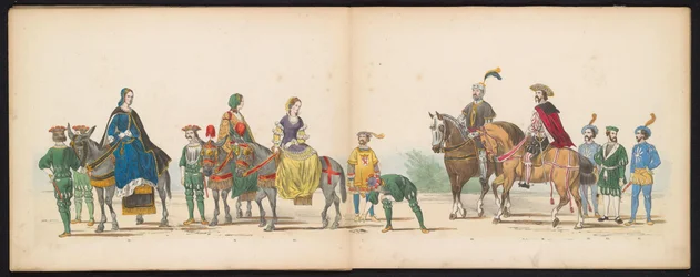 ライデン学生のマスカレード、1855年（プレート10） 1855 年 6 月 12 日にライデン学生団のメンバーが開催した衣装を着た行進で、ライツェ ホーゲ学校の 280 周年を祝って、カレル 5 世ビンの入場を描いた