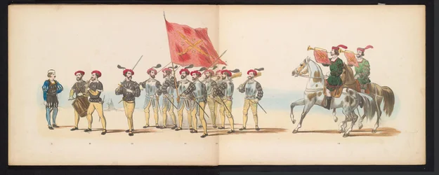 ライデン学生のマスカレード、1855年（プレート12） 1855 年 6 月 12 日にライデン学生団のメンバーが開催した衣装を着た行進で、ライツェ ホーゲ学校の 280 周年を祝って、カレル 5 世ビンの入場を描いた