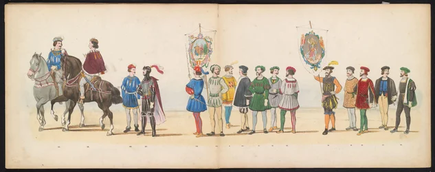 ライデン学生のマスカレード、1855年（プレート13） 1855 年 6 月 12 日にライデン学生団のメンバーが開催した衣装を着た行進で、ライツェ ホーゲ学校の 280 周年を記念して、カレル 5 世ビンの入場を描いた