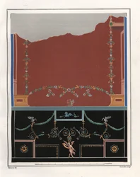 トリプトレムスの家のアトリウムの壁画。VI, Ins. VII, No.Emile Presuhn (1844-1878) The Most Beautiful Paintings of Pompeii, Leipzigに掲載されたGeremia Discannoの挿絵をもとにしたVictor Steegerによるクロモリトグラフ。