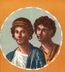 ポンペイの身元不明の家の男女の肖像。Emile Presuhn (1844-1878) The Most Beautiful Paintings of Pompeii, Leipzigに掲載されたGeremia DiscannoのイラストをもとにVictor Steegerがクロモリトグラフで制作。