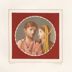 ポンペイの身元不明の家の男女の肖像。Emile Presuhn (1844-1878) The Most Beautiful Paintings of Pompeii, Leipzigに掲載されたGeremia DiscannoのイラストをもとにVictor Steegerがクロモリトグラフで制作。