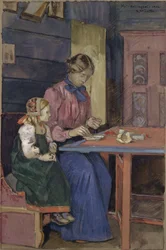 真珠に糸を通すことを学ぶハリングダルの少女