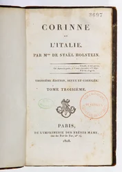 Corinne ou lItalie、第3改訂および拡大版、第3巻、Imprimerie des Freres Mame、パリ、1808年のタイトルページ（印刷用紙）