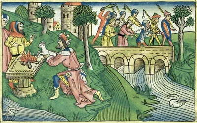 2キングス16 9-16ダマスカスの人々は、ニュルンベルク聖書（Biblia Sacra Germanaica）（色の木版画）から監禁されます。