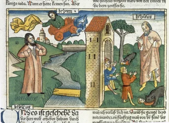 2 Kings 2 1-24 Elijahは旋風の中で天に昇り、Elishaをからかった男の子は、ニュルンベルク聖書（Biblia Sacra Germanaica）（色の木版画）からクマに食べられます