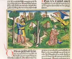 2 サミュエル 20 10 ヨアブがアマサを殺す、「ニュルンベルク聖書 (Biblia Sacra Germanaica)」より (着色された木版画)