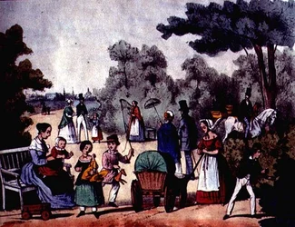 夏のドイツの公園、1860年頃（カラーエングレーヴィング