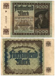 5千マルク紙幣、1922年（直角および逆）