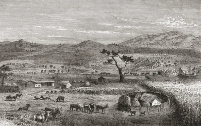 1878年に出版された西アフリカのコウイハラでの和解、「The World in the Hands」のイラスト