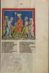 アロンが棒を蛇に変える《Weltchronik Ms.33, fol.73, 1400-10年頃》（羊皮紙にテンペラ、金・銀彩、インク