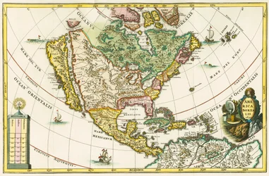 北アメリカ。カリフォルニアを島と見立てた北米地図（ハインリッヒ・シェラーの『ジオグラフィア・ヒエラルキカ』より