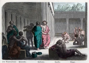 古代史ギリシャ。プラトン主義者、エピクロス主義者、シニックス主義者：運動...(エングレーヴィング)