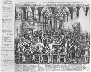 1530年6月25日、チャールズ5世（1500-58）の存在下で、アウグスブルクの司教ホールでのドイツの最も輝かしい王子の集会