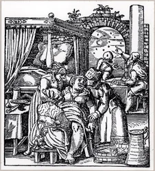 1587年にフランクフルトで出版されたJacob RueffによるDe Conceptu et Generatione Hominisから、出産用椅子で女性に生まれる子供のために星占いをキャストする占星術師