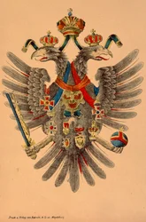 オーストリアハンガリー帝国の紋章、Robraki＆Co.、マクデブルク発行、1865年（着色された木版画）