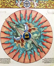 BT1.70.2ピーターアピアン（ベネウィッツ）（1495-1552）pubによるAstronomicum Caesareumからのイラスト「太陽の日食」。インゴルシュタット、1540年（色の木版画）