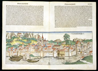 ニュルンベルク年代記からのコンスタンスの鳥瞰図by Hartmann Schedel（1440-1514）1493
