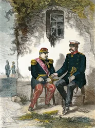 セダンの戦いで捕らえられたナポレオン3世と会話するビスマルク（9月2日