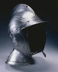 蝶番を付けられた頬の部分が付いているブルゴネット、c.1540（革のあごのストラップが付いている鋼鉄）
