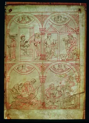 コーデックス507 fol.2r Weaver、Shoemaker、Fishermen and Hunter、Renner Musterbuch、c.1208-18