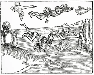ダイダロスは彼の息子イカルスと一緒にクレタ島から脱出し、彼が彼の死に落ちるのを目にします1493（木版画の彫刻）
