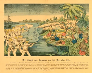 1884年12月20日、SMSオルガを背景にしたドイツカメルーンでのデュアラ蜂起、1884年
