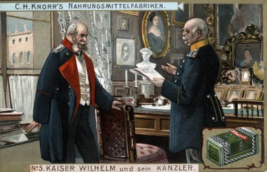ドイツ・プロイセン皇帝ウィリアム1世(1797-1888)と首相オットー・フォン・ビスマルク(1815-1898)が政治問題について話し合っている様子。クロモリトグラフ、19世紀後半。