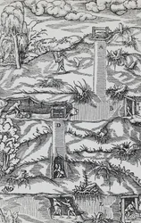 バーゼルで出版されたGeorg PawerまたはGeorgius Agricola（1494-1555）の「De re metallica（金属の性質について）」からの版画。