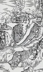 バーゼルで出版されたGeorg PawerまたはGeorgius Agricola（1494-1555）の「De re metallica（金属の性質について）」からの版画。