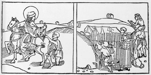 聖マルティヌスの生涯のエピソード。Voragine（1228-1298）のJacobus（James）による「Leben der Heiligen - sommerteil」（聖人の書）からのエングレーヴィング。リュベック1488年