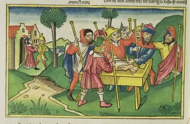出エジプト記12ニュルンベルクの聖書からの最初の過ぎ越しの祭り（Biblia Sacra Germanaica）（色の木版画）