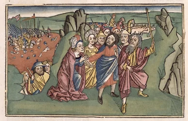 出エジプト記14モーセと紅海を渡るイスラエル人、ニュルンベルク聖書（Biblia Sacra Germanaica）（色付きの木版画）