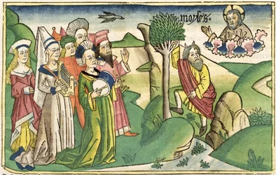 出エジプト記15 1-19ニュルンベルク聖書のモーゼの歌（Biblia Sacra Germanaica）（色の木版画）