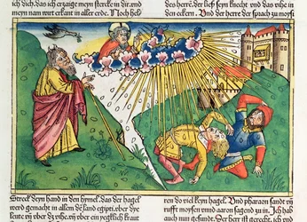出エジプト記 9 13-35 エジプトの七つの災い: モーセと雹と稲妻の災い、「ニュルンベルク聖書 (Biblia Sacra Germanaica)」から (色付きの木版画)