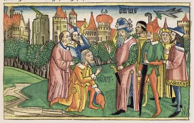 エズラ6 16エルサレムの神殿は、ニュルンベルク聖書（Biblia Sacra Germanaica）（着色された木版画）からダリウス王によって捧げられました