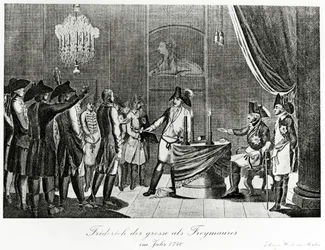 フレデリック大王は、1740年にベルリンでフリーメーソンとして彼の義兄、フレデリック、ブランデンブルクバイリュースのマーグレイブを受け取ります。